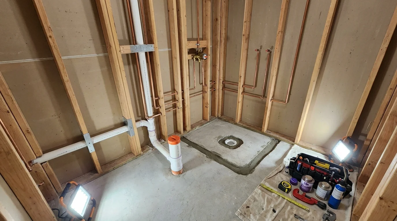 Bathroom rough-in plumbing during remodel by Johns Plumbing LLC in Heyburn