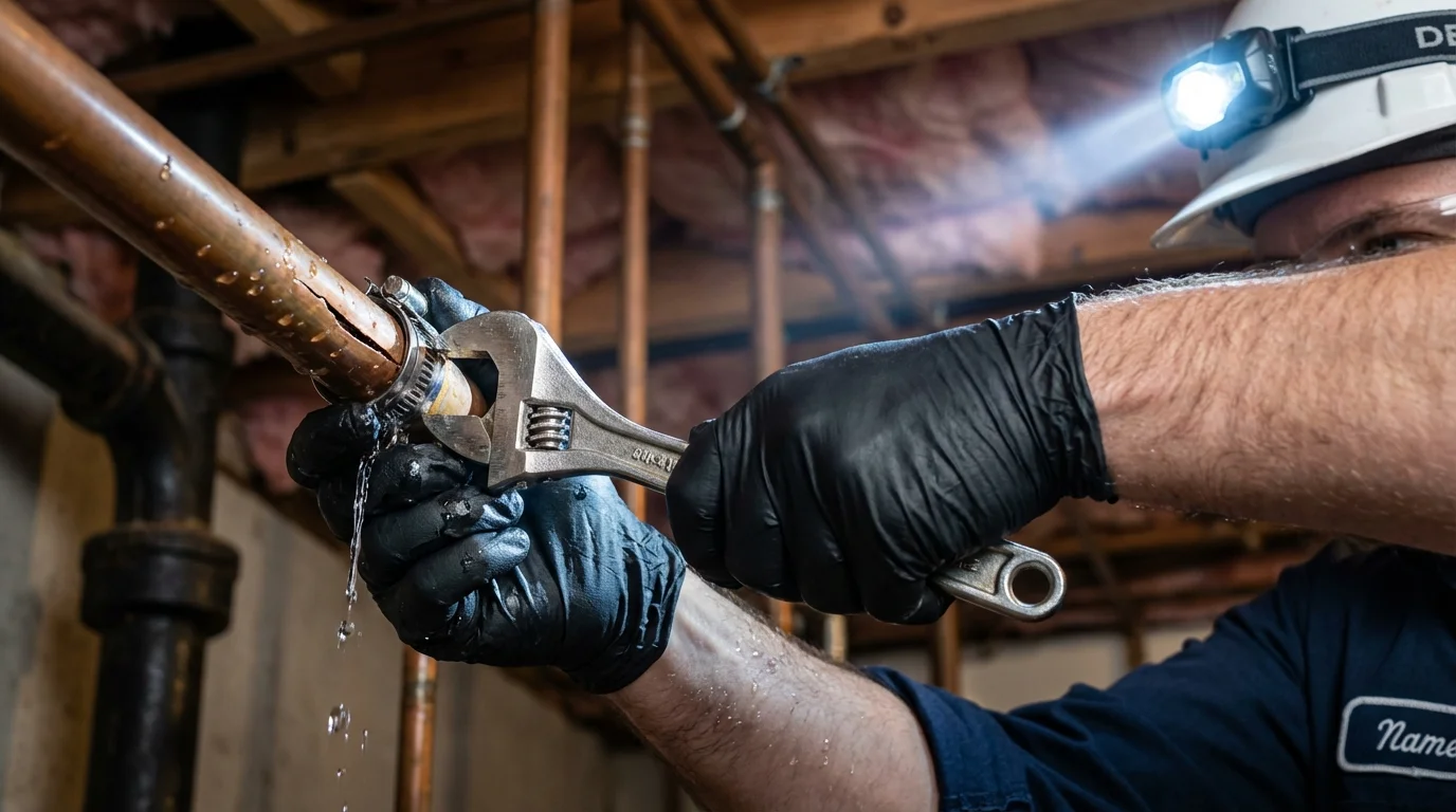 Emergency pipe clamp repair being performed by a Johns Plumbing LLC plumber in Heyburn