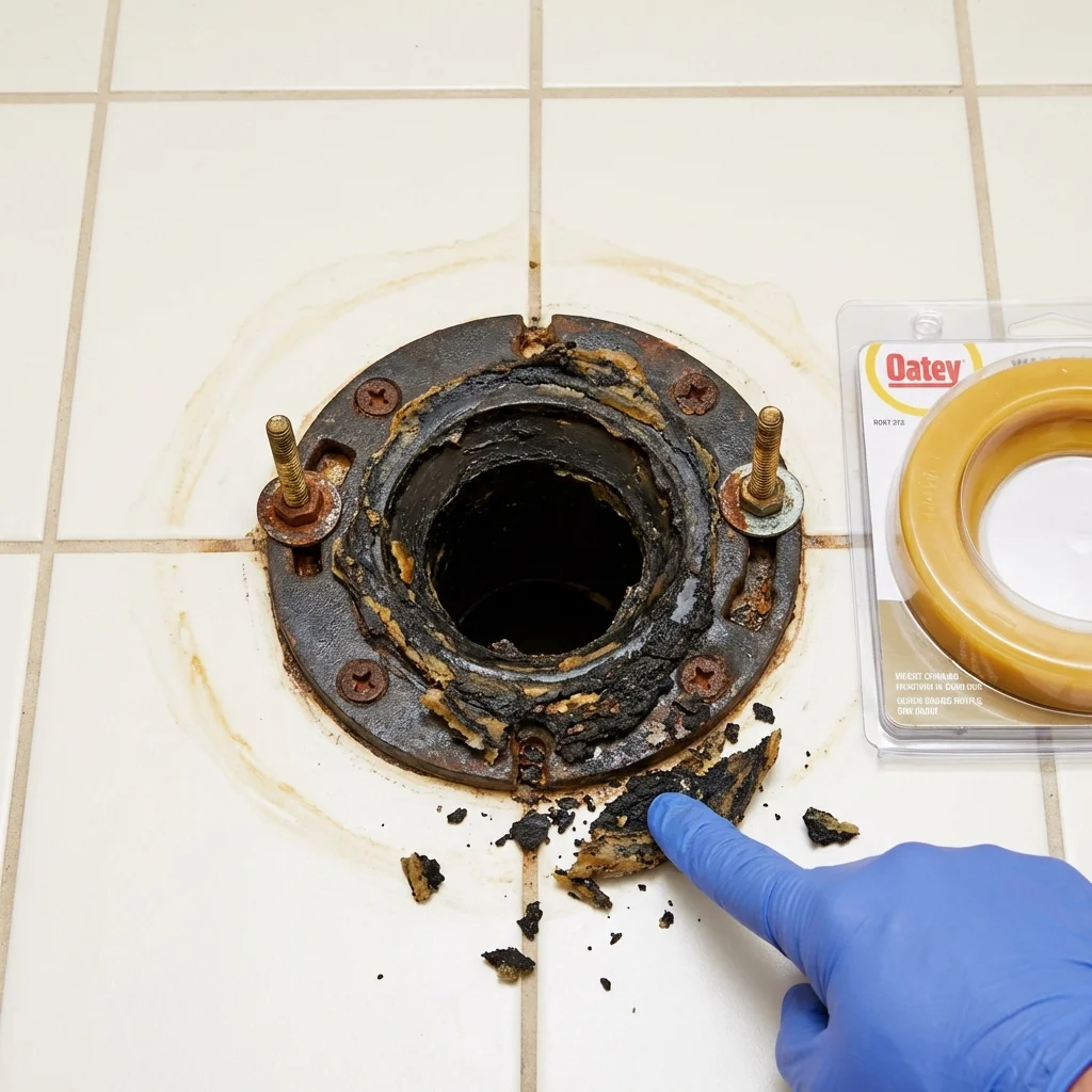 Failed wax ring showing water seepage at the base of a toilet in a Heyburn, ID home